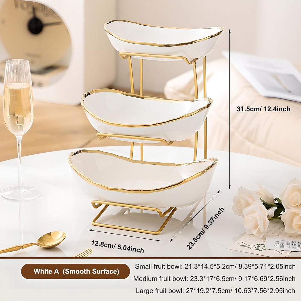 Gold Silver Fruit Bowl with Metal Stand, 3 Tier Ceramic White Fruit Bowl Frui...