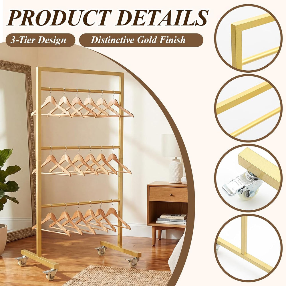 3-Tier Clothing Hanger Rack, 20x16x43 Gold Metal with Casters