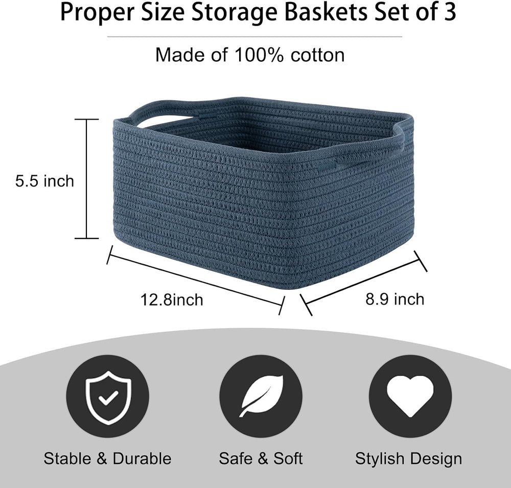 OIAHOMY 3 Pack Storage Baskets for Shelves Cotton Rope Storage Bins Blue