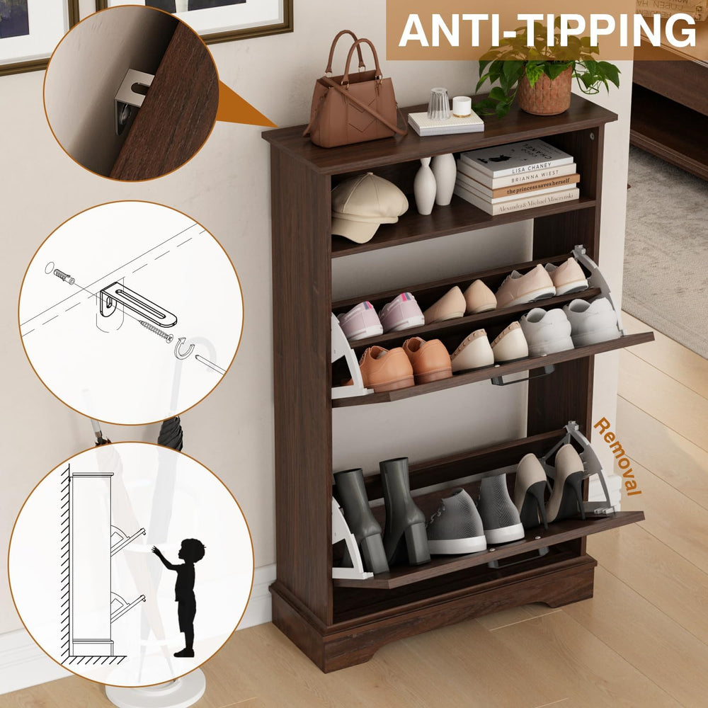 24" W Hidden Shoe Storage Cabinet with 2 Flip Drawers & Open Storage