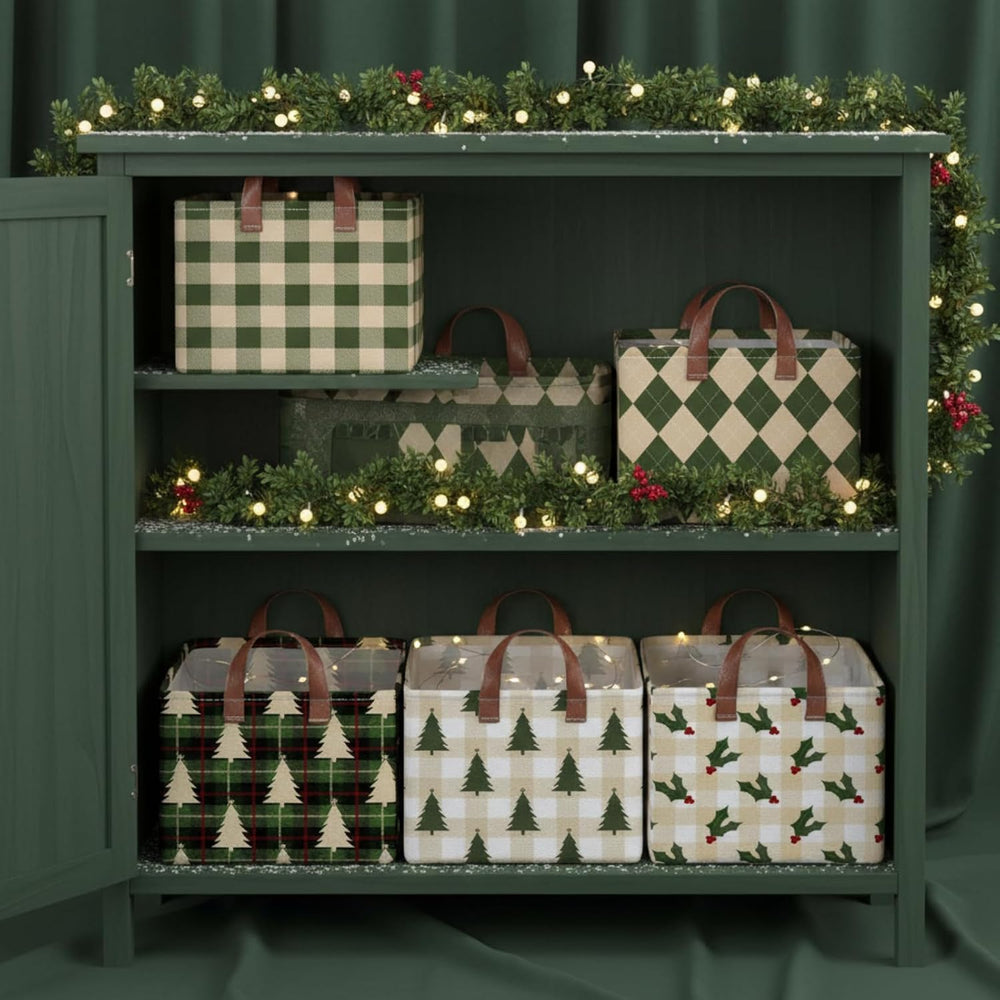 Boao 6 Pack Neutral Christmas Gingham Storage Baskets for Gifts Empty