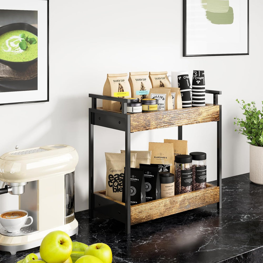 KLM Countertop Coffee Station Organizer, 2 Tier Wooden Shelf for Coffee Bar A...