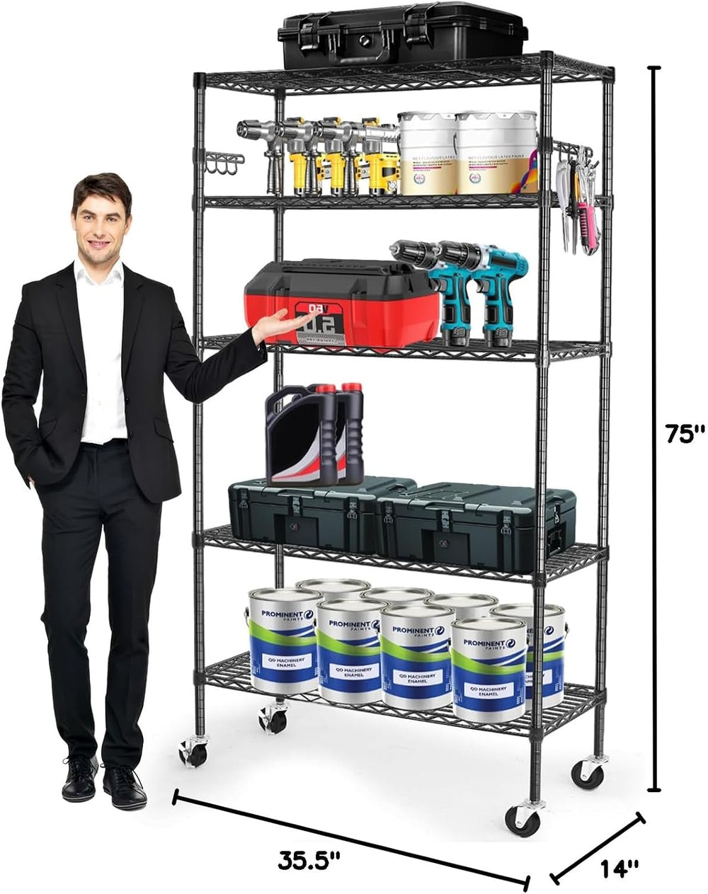 YNN Storage Shelves,1750Lbs 5 Tier Heavy Duty Metal Rolling Shelving Unit wit...