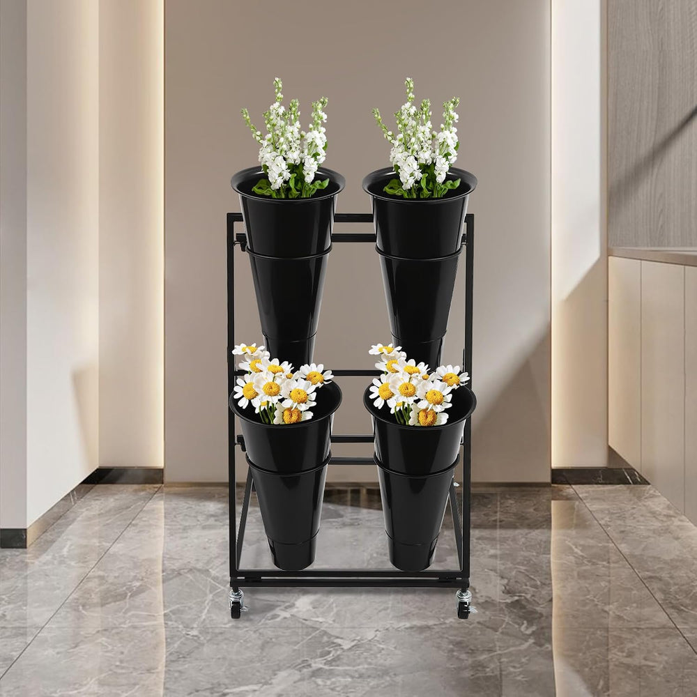 Flower Display Stand with 4pcs Buckets 2 Tier Flower Bar Movable Florist Bouq...