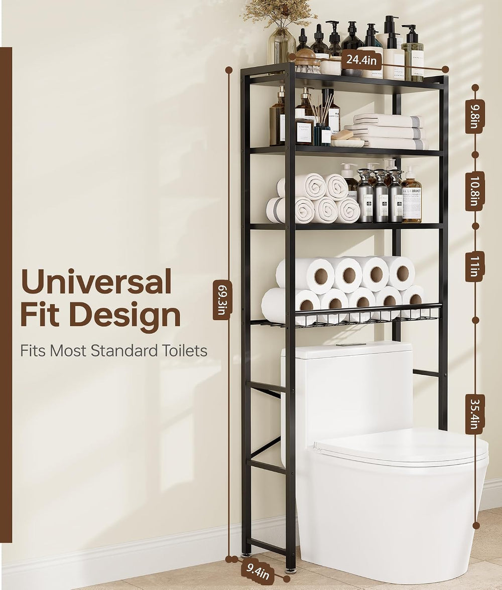 4-Tier Over-the-Toilet Storage Rack with One-Piece Wooden Shelves & Open ...