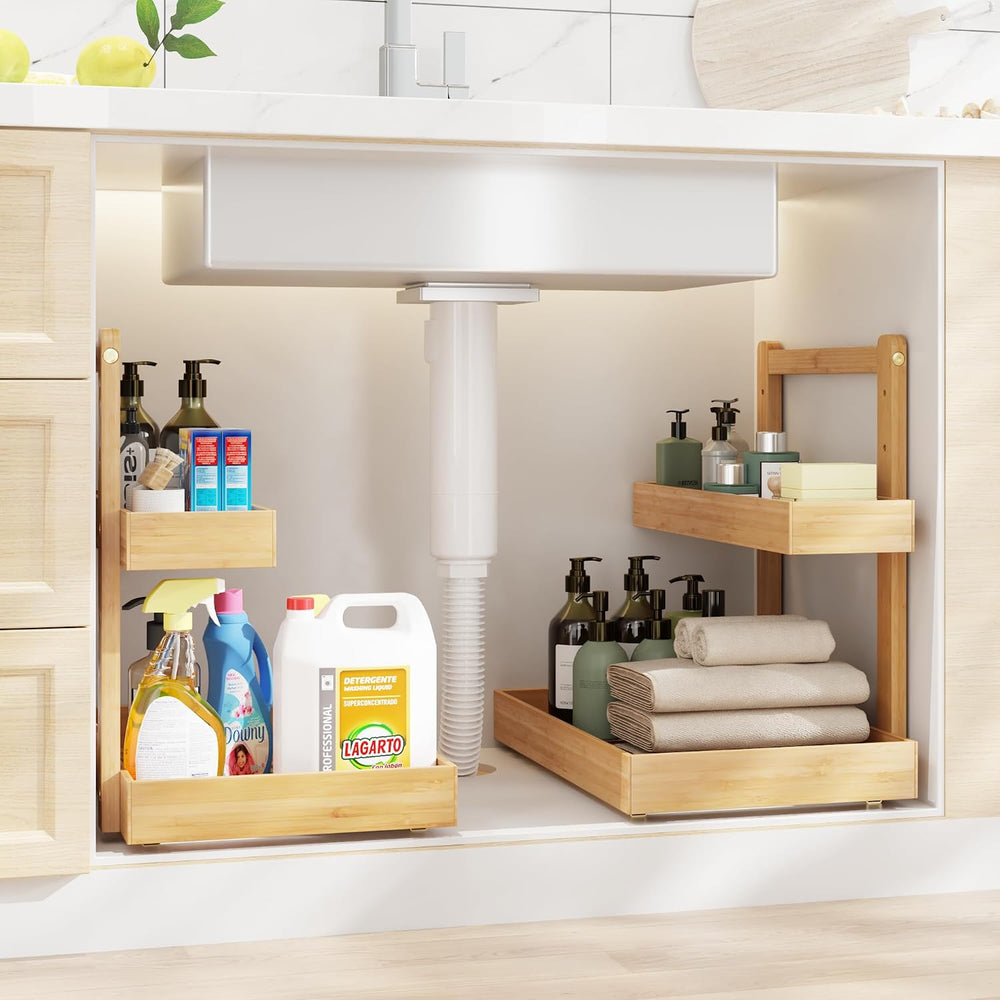 Under Sink Organizer, L-Shaped 2 Tier Pull Out Cabinet Organizer