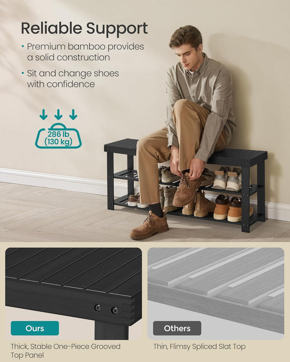 SONGMICS Shoe Rack Bench, 3-Tier Bamboo Entryway Bench, 42.9 Inches Width
