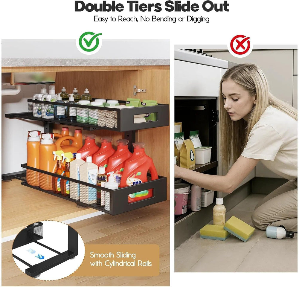 2 Packs 21IN Depth Under Sink Organizer, 2-Tier Pull Out Cabinet Organizer Wi...