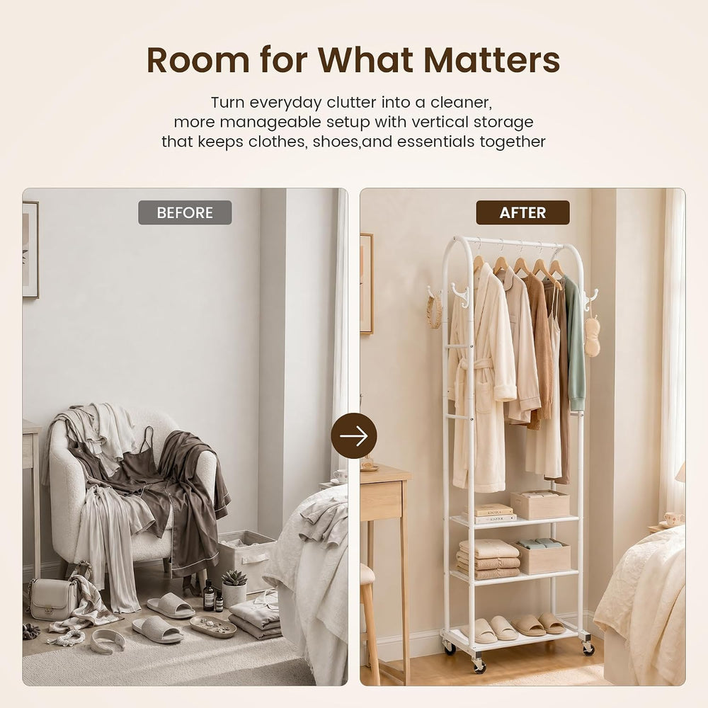 Cesun Small Clothes Rack with 3-Tier Mesh Shelves & 8 Hooks, White