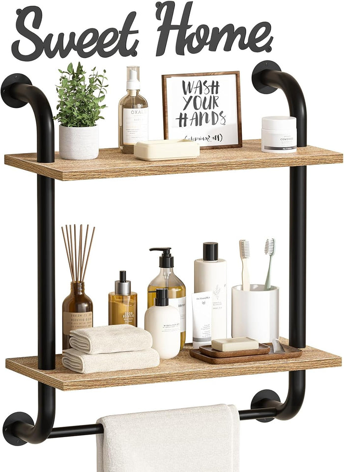 Tinpin Bathroom Shelves Wall Mounted, Rustic Farmhouse Pipe Shelves, 2-Tier, Industrial Shelving Over Toilet, Floating Shelf Decor for Bathroom, Kitchen, Bedroom, Living Room 17.3 inch
