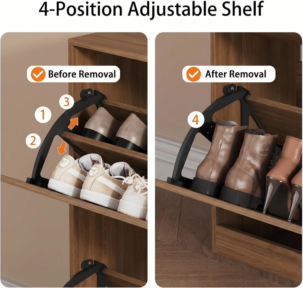 Walnut Hidden Shoe Storage Cabinet for Entryway with 4 Flip Drawers