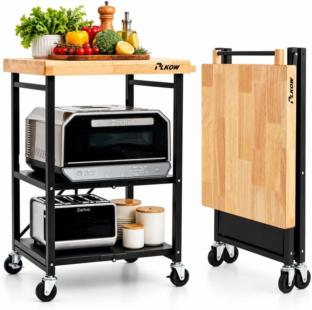 Foldable 3-Tier Rolling Kitchen Cart with Solid Oak Top, Black