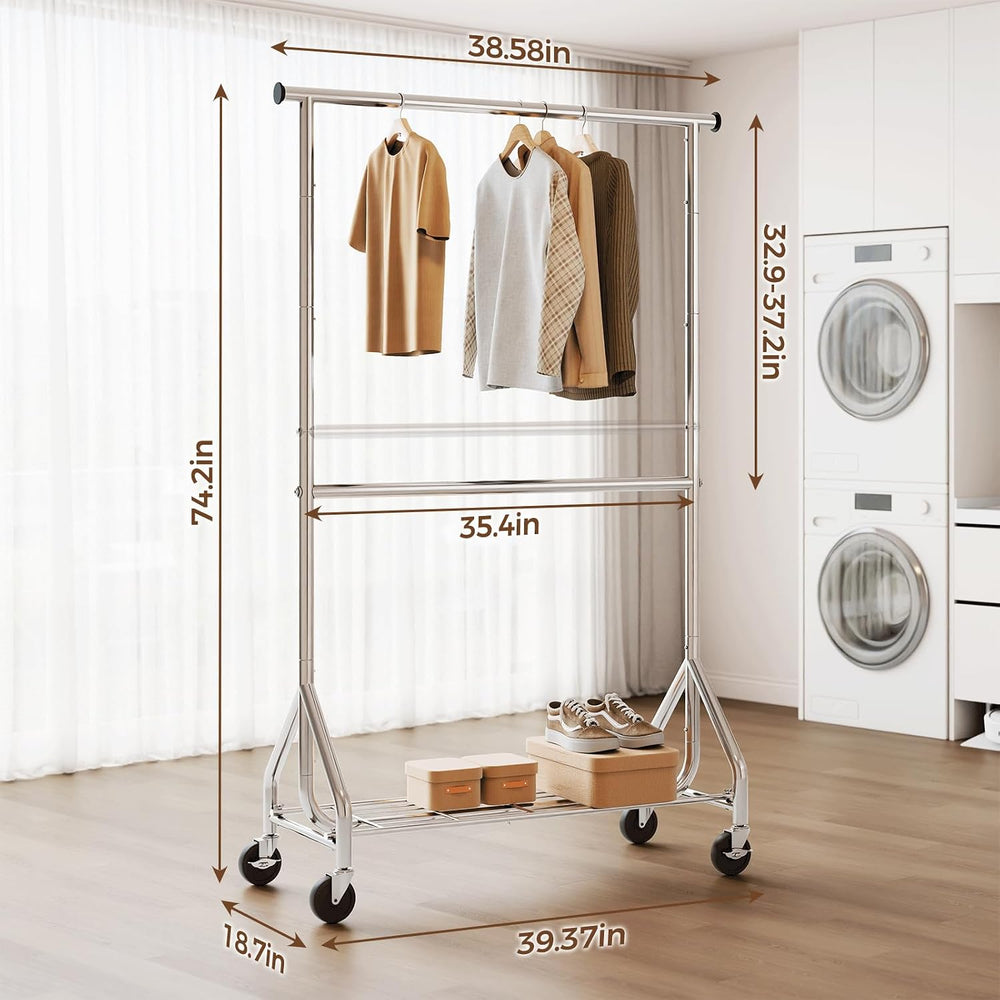 HYSEYY Heavy Duty Clothes Rack, Double Rod Clothing Rack for Hanging Clothes,...