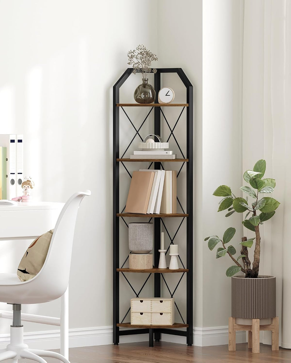 59.4" Corner Shelf, 5-Tier Industrial Corner Bookshelf, Corner Storage S...