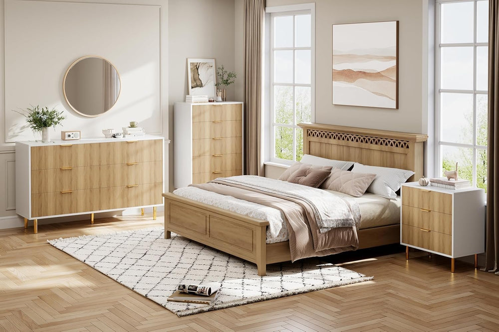 IDEALHOUSE Modern Natural 6 Drawer Dresser for Bedroom with Gold Handles
