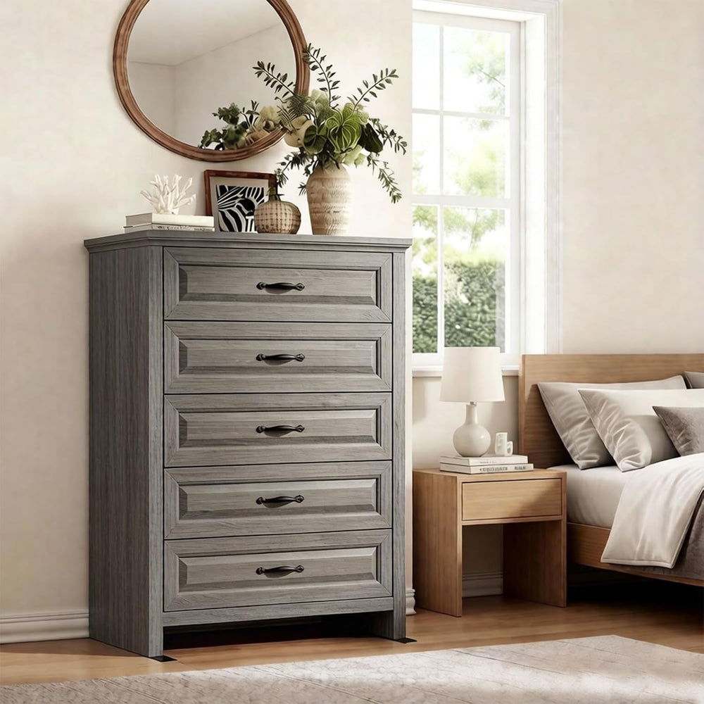 Pipishell 5 Drawers Dresser, 42.7 Inch Tall Wood Chest of Drawers, Gray
