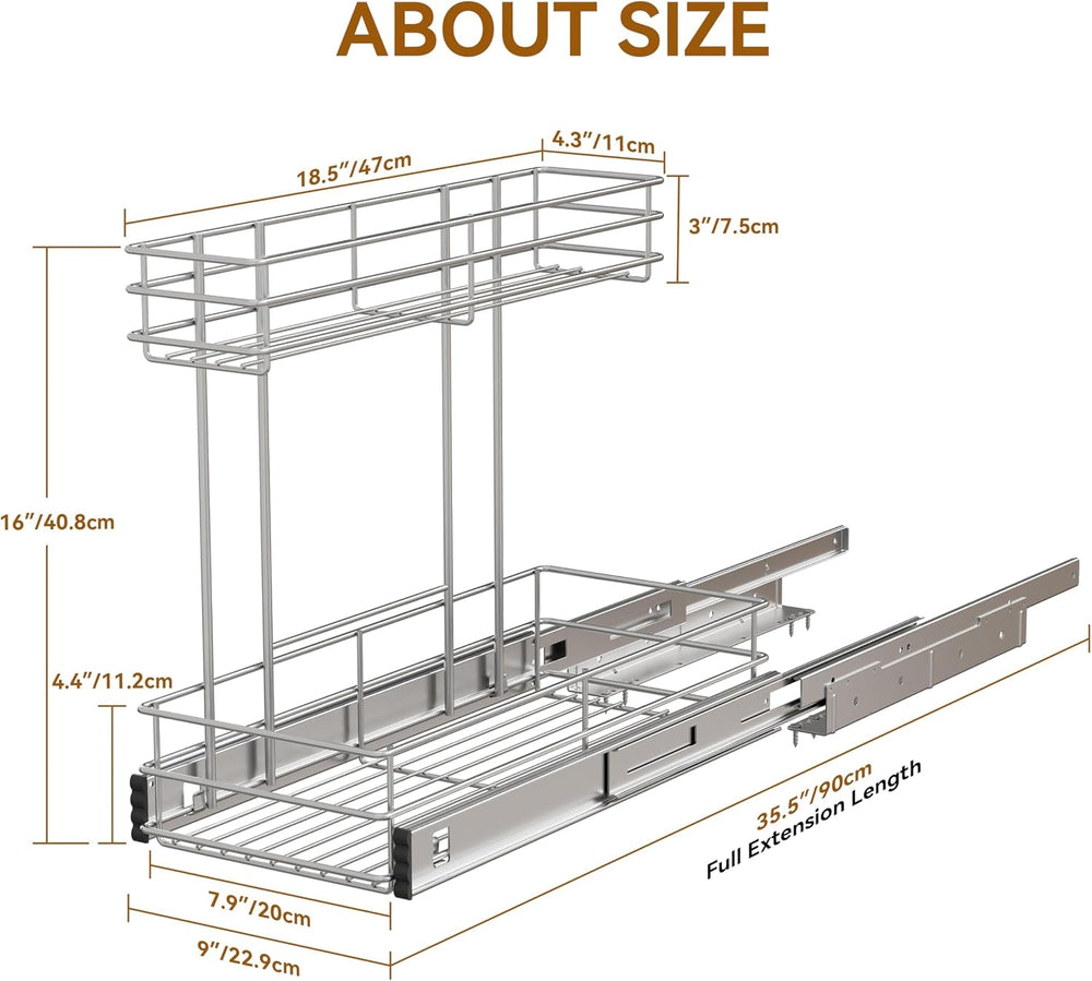 Under Sink Organizer 9" W X19 D, Pull Out Cabinet Organizer 2 Tier
