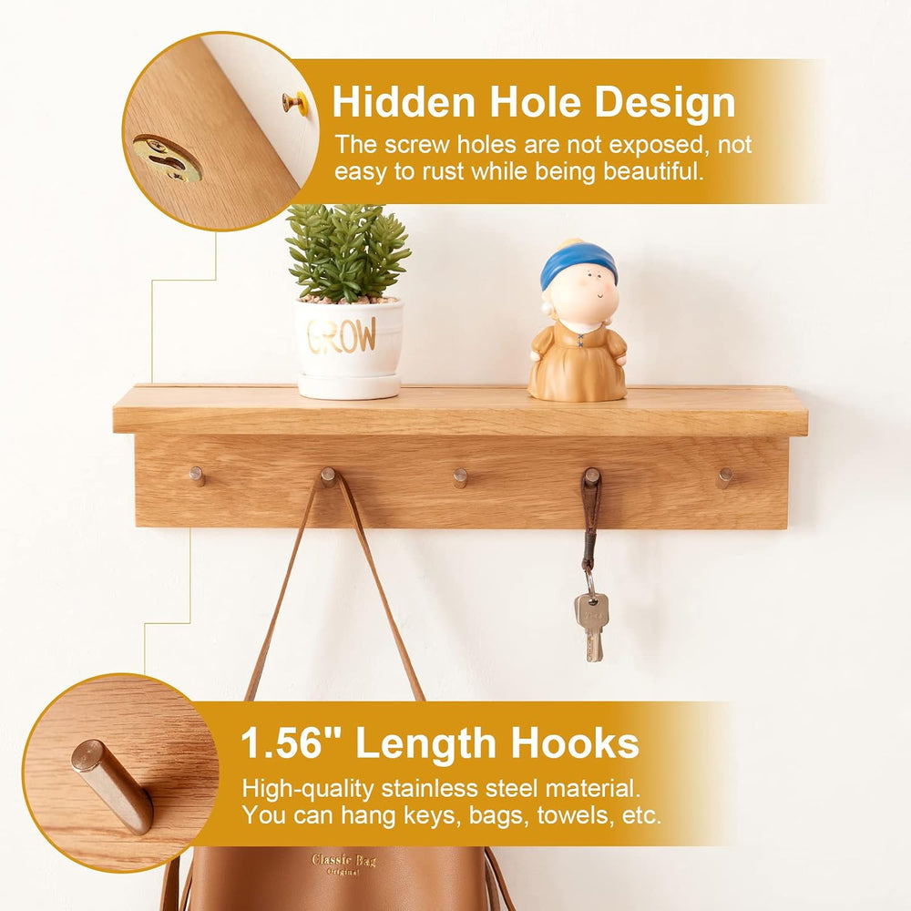 Coat Rack Shelf Wall Mounted Oak Wood Entryway Shelf with 5 Hooks Wall Coat H...
