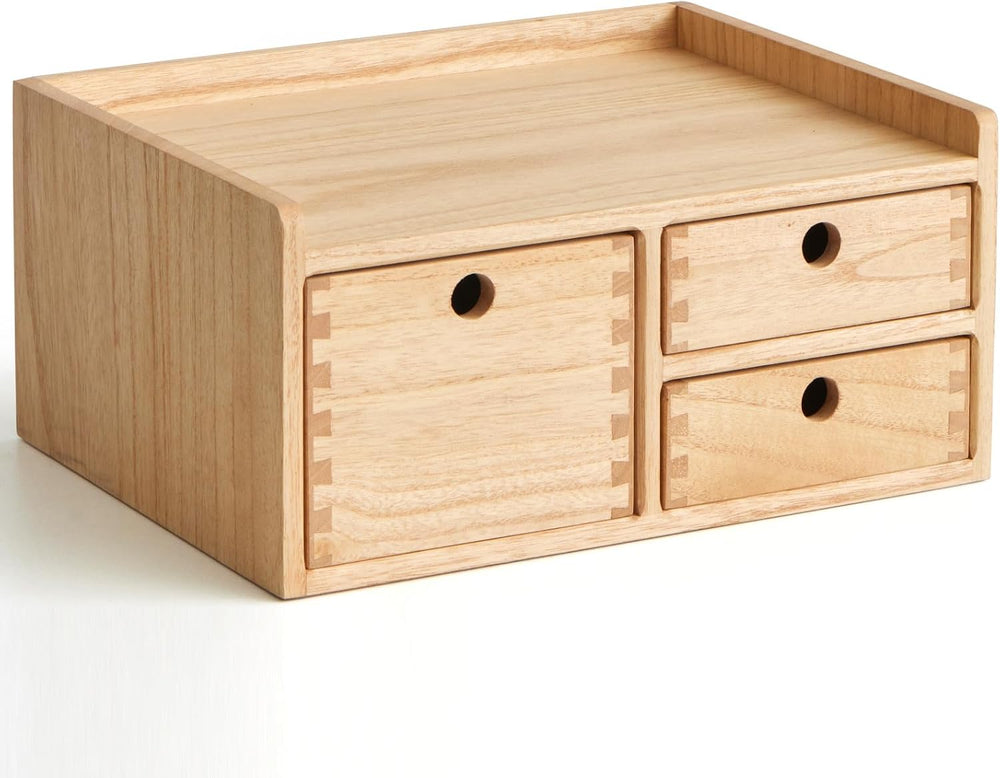 KIRIGEN Wooden Desk Organizer with 3 Drawers and Top Tray Natural DT1D3C-NA