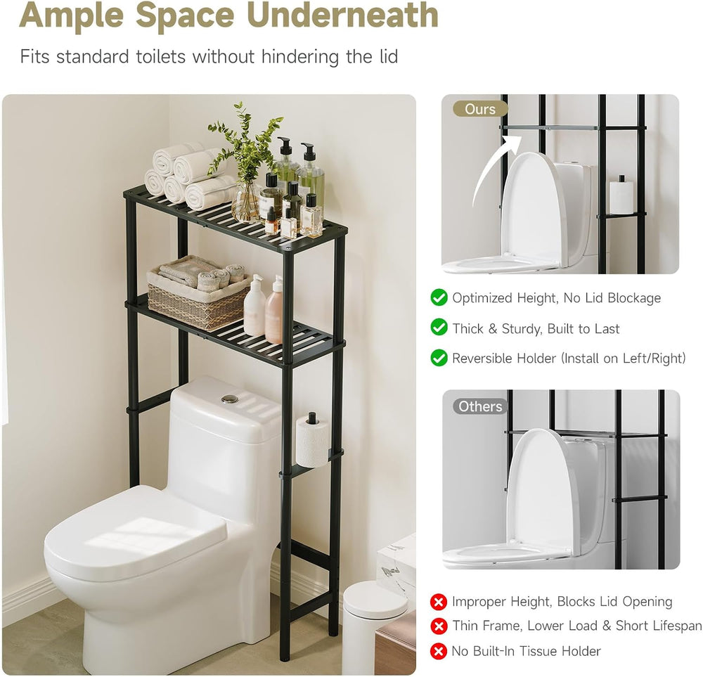 Over The Toilet Storage,2-Tier Bamboo Bathroom Shelf with Paper Holder