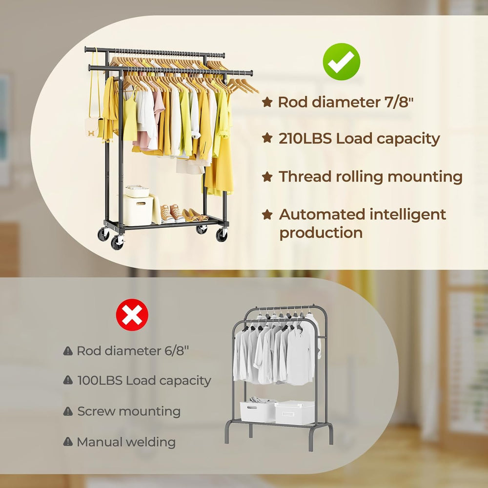 HYSEYY Double Rods Clothes Rack, Rolling Clothing Rack for Hanging Clothes Po...