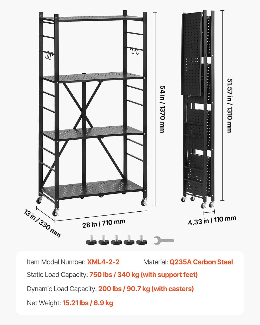 VEVOR 4-Tier Foldable Storage Shelf, 28W x 13D x 54H Inch Folding Metal Rack ...