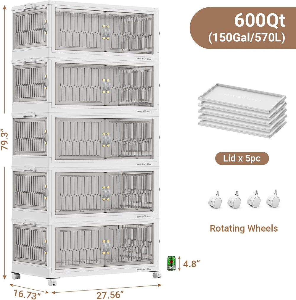 BROVIEW 600Qt Stackable Storage Bins with 5 Lids, Front and Side Open Doors, ...