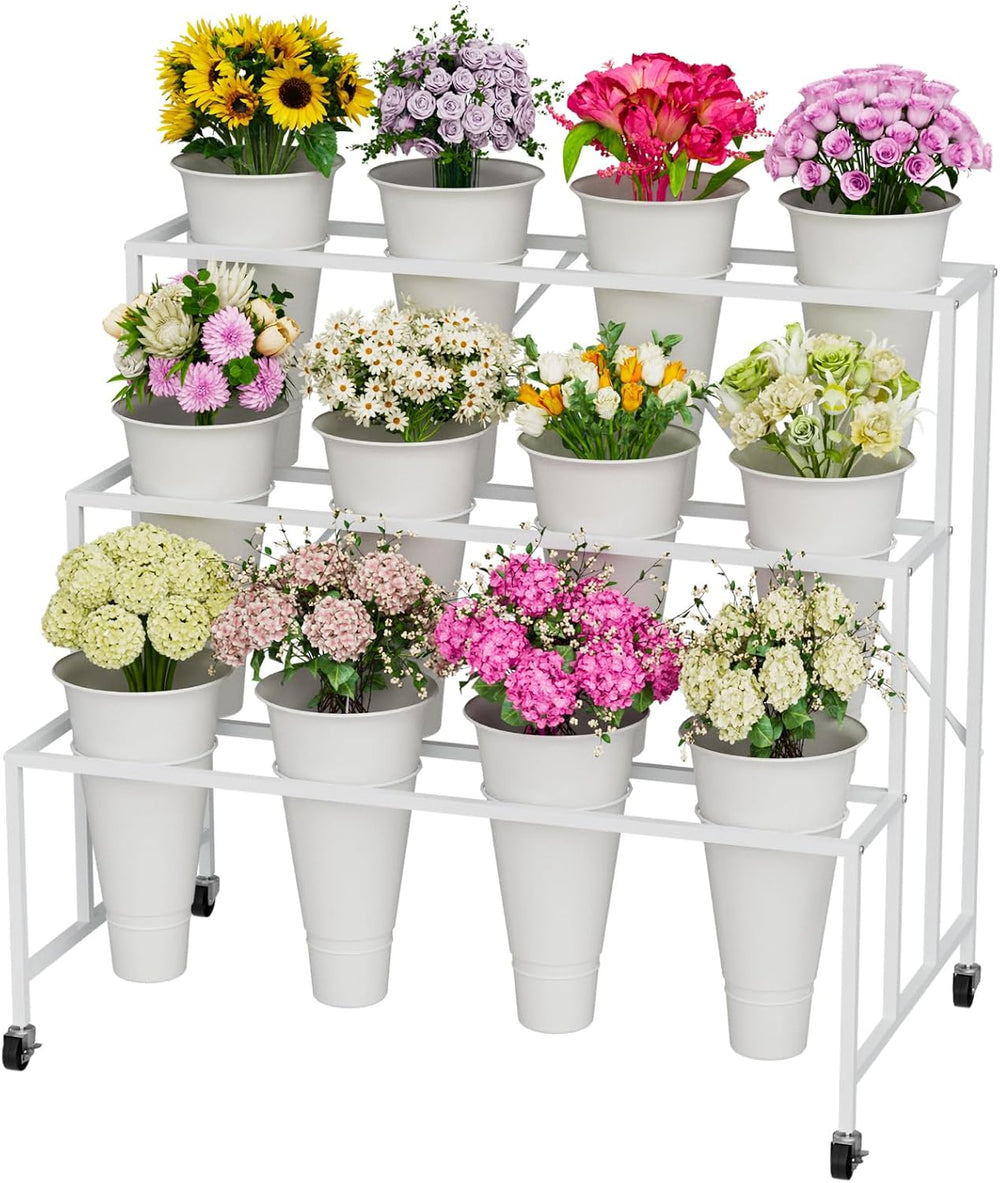 Flower Stand, 3-Tier Flower Display Stand with Buckets for Indoor Outdoor, Fl...