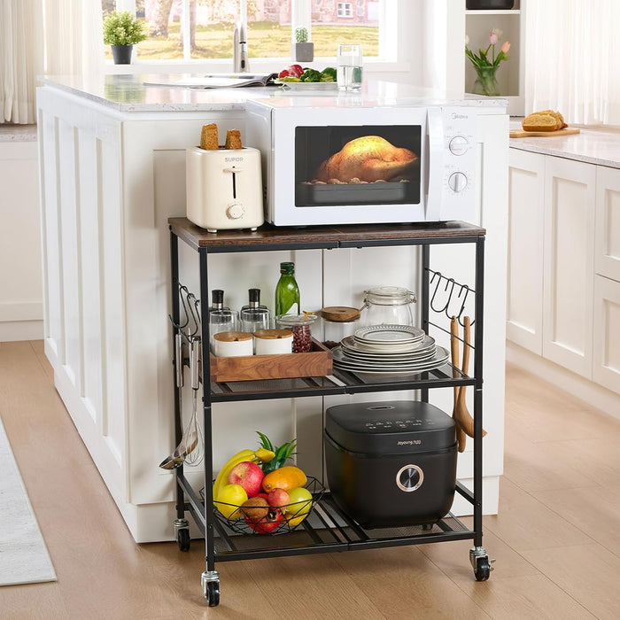 3 Tier Rolling Microwave Cart with Storage, Kitchen Organizer on Wheels