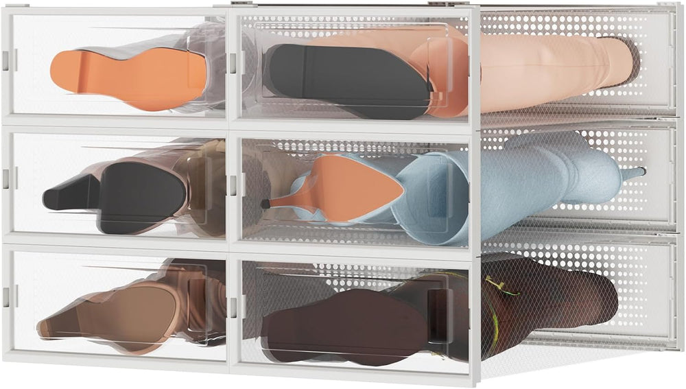 6 Pack Stackable Shoe Storage Boxes, Plastic Shoe Organizer Drawers Bins for ...