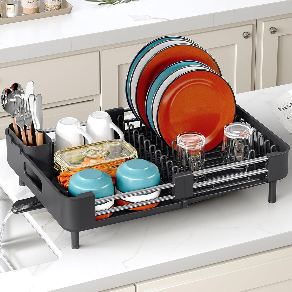 TOOLF Expandable Dish Drying Rack for Kitchen Counter, Standard, Black