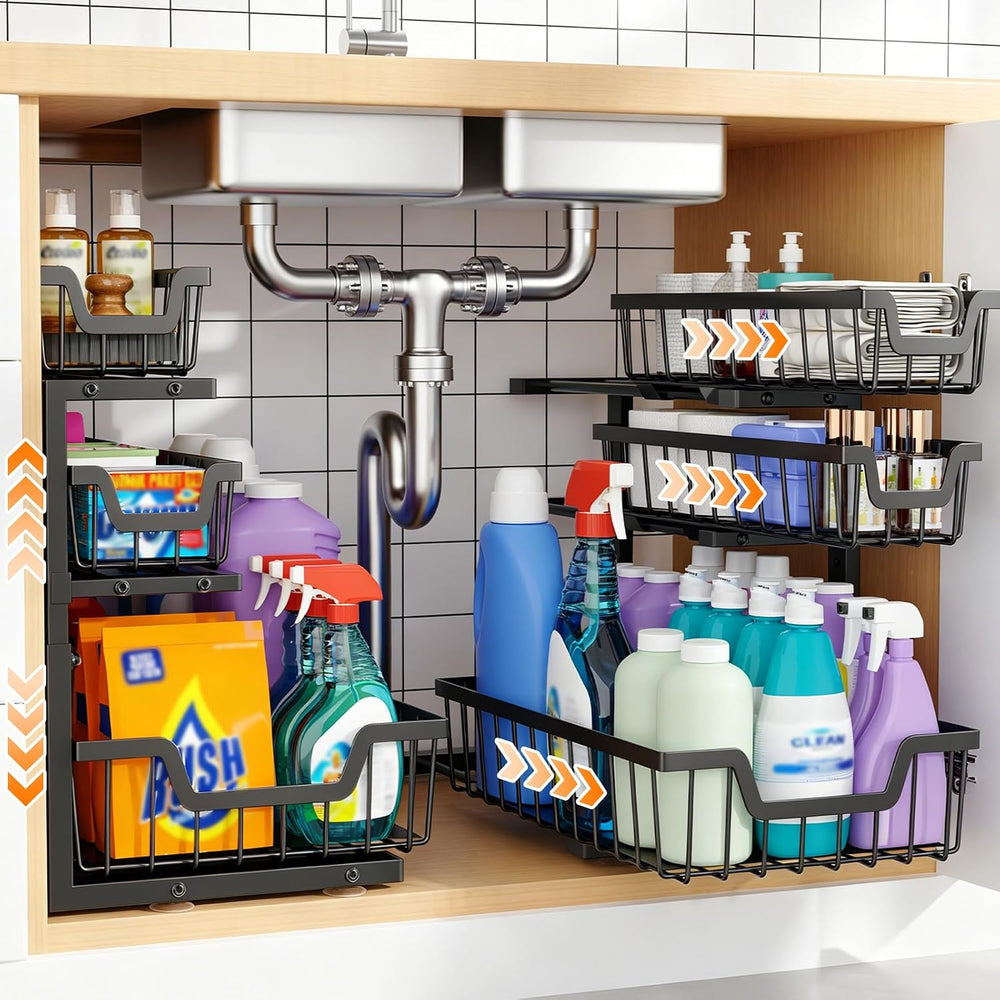 Under Sink Organizer, 2-Pack 3-Tier Height Adjustable Thickened Metal Pull ou...