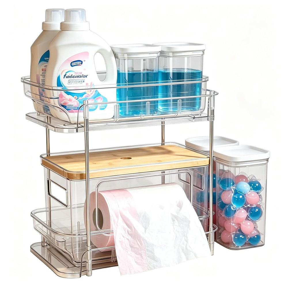 Trash Bag Holder with Bamboo Lid, Stackable Trash bag Dispenser with 2-tier R...