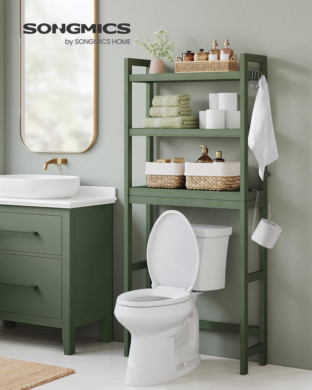 SONGMICS 3-Tier Bamboo Over The Toilet Storage, Adjustable Shelf, 66.9'