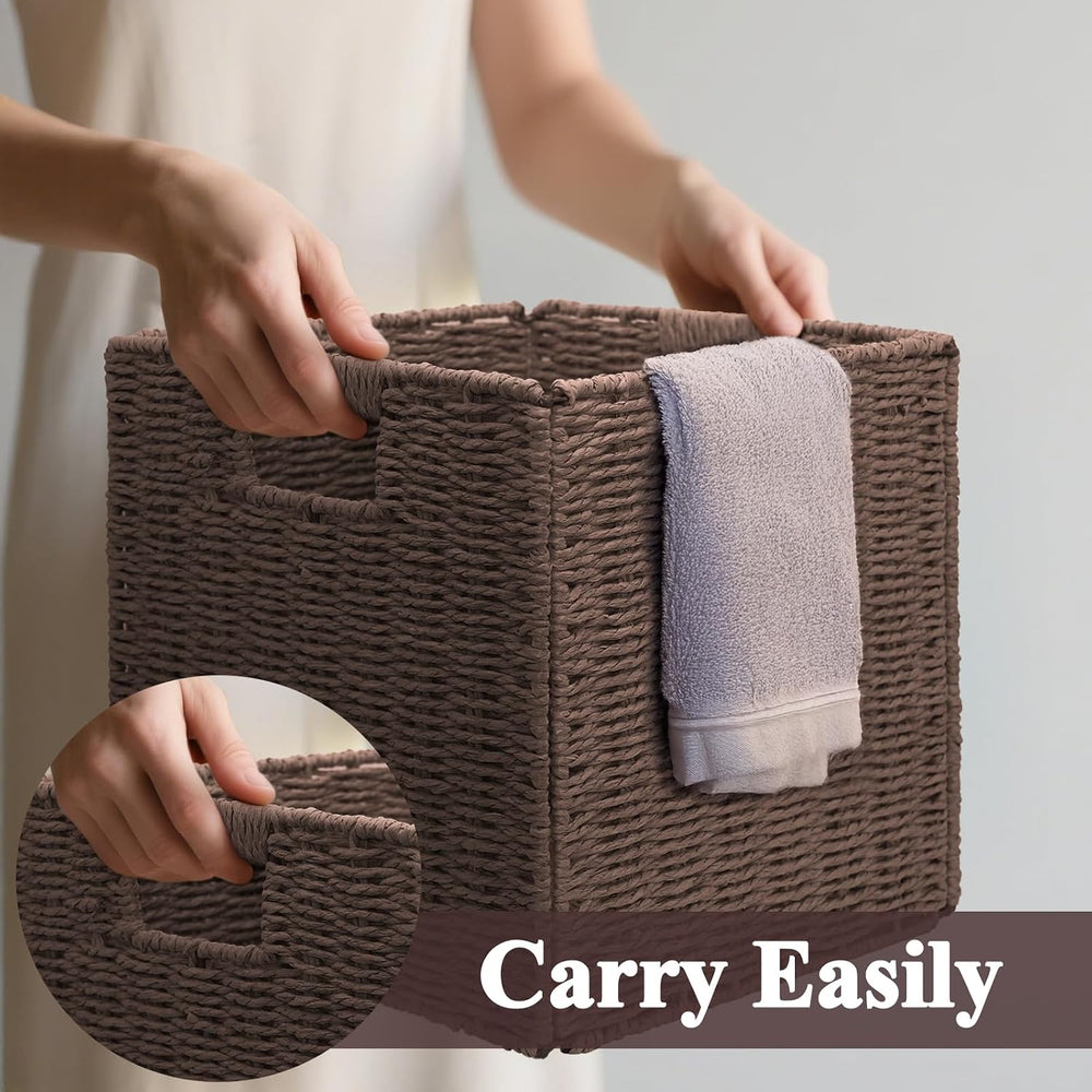 Wicker Storage Baskets for Organizing, 3 Pack Rustic Foldable Square Basket f...