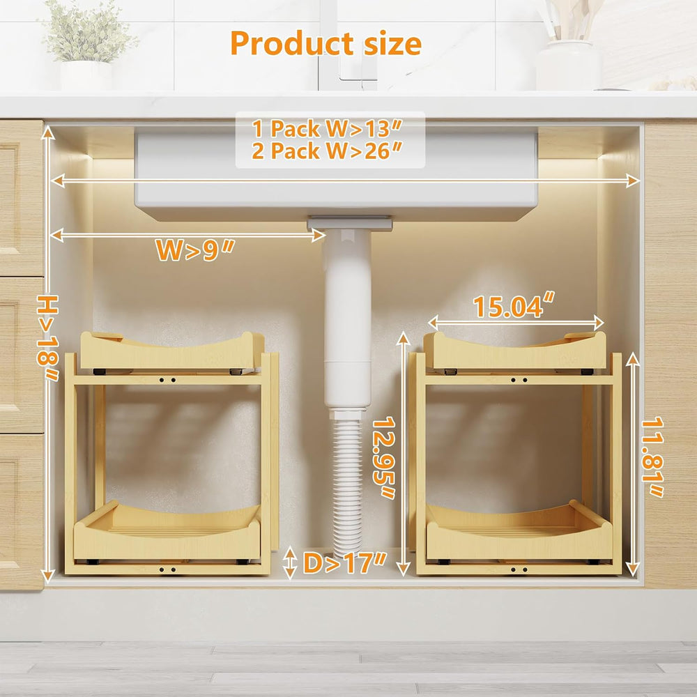 Bamboo Under Sink Organizer Adjustable Height 2 Tier Bathroom Organizer Pull ...