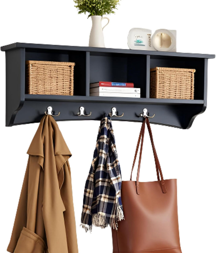 Shaker Cottage Wall-Mounted Coat Rack with 3 Storage Cubbies and 4 Coat Hooks – 36" W x 9" D x 14" H Space-Saving Entryway Organizer or Mudroom Wall Shelf by Alaterre Furniture (Charcoal Gray)