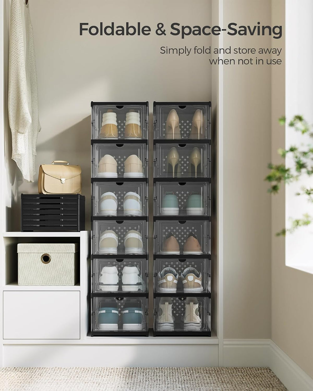 SONGMICS Foldable Shoe Boxes, 6-Tier for 12 Pack, Fit up to US size 13