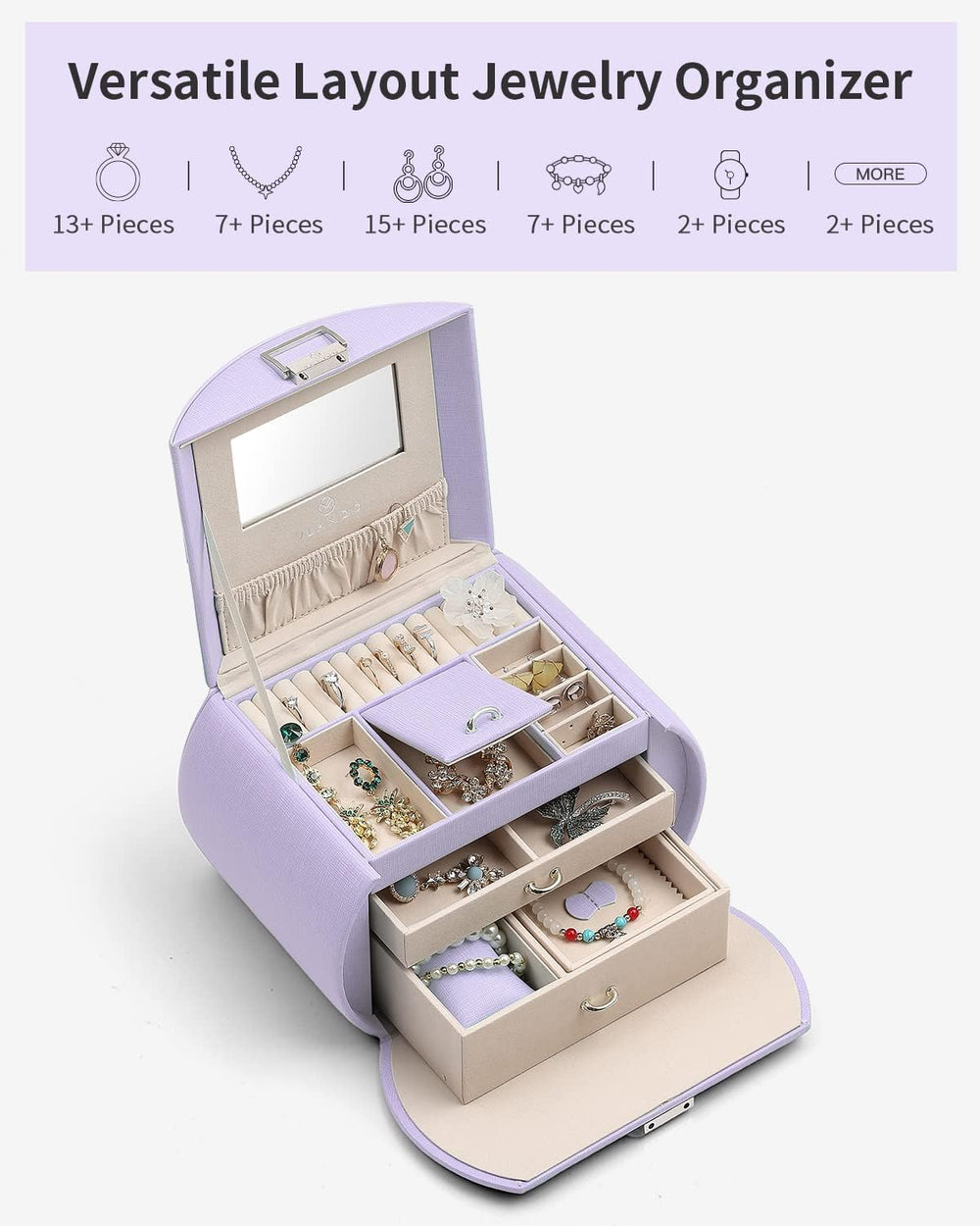 VLANDO 3-Layer Princess Jewelry Box With Mirror For Girls,Purple