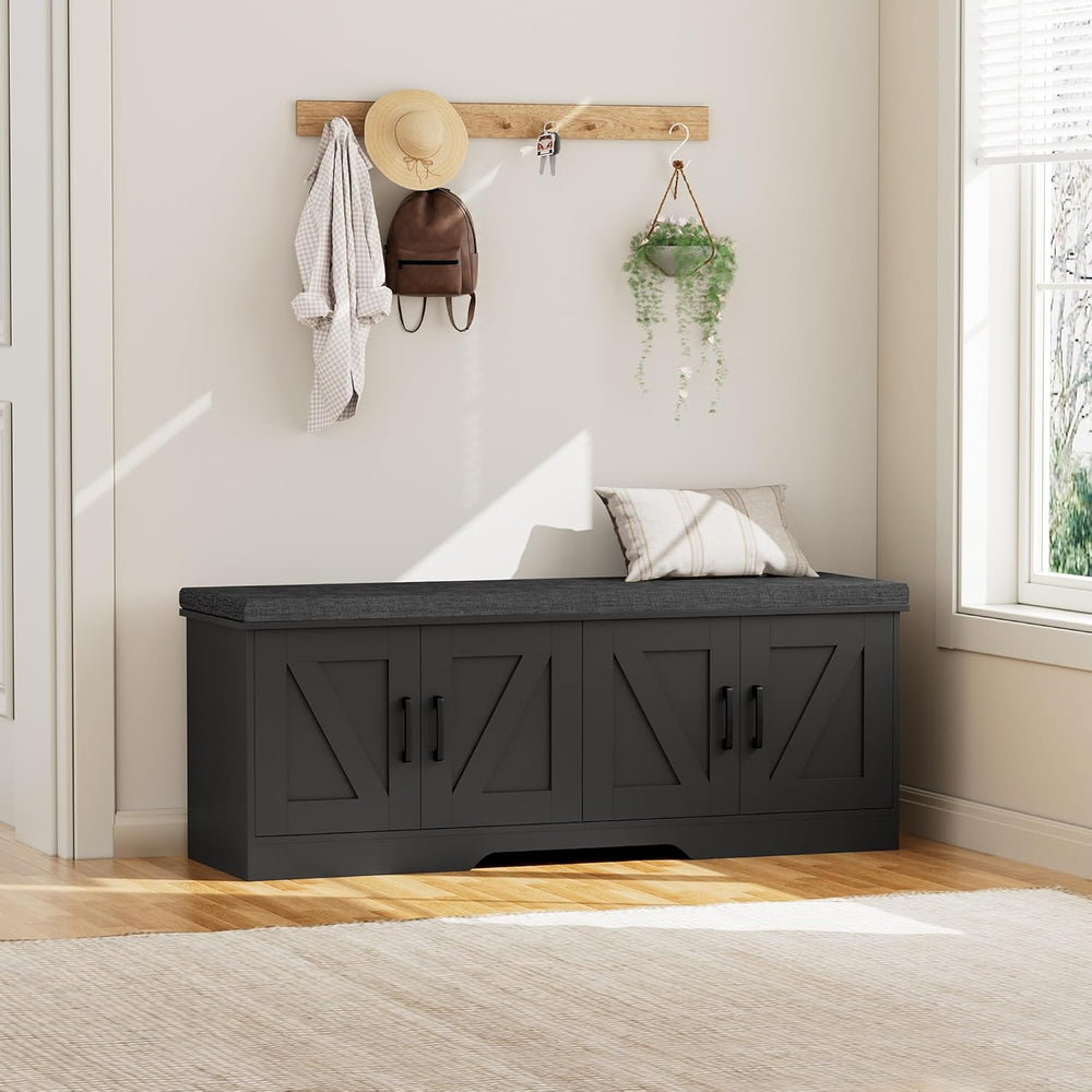HOMSHO Farmhouse Shoe Storage Bench with 4 Barn Doors & Padded Seat Cushion
