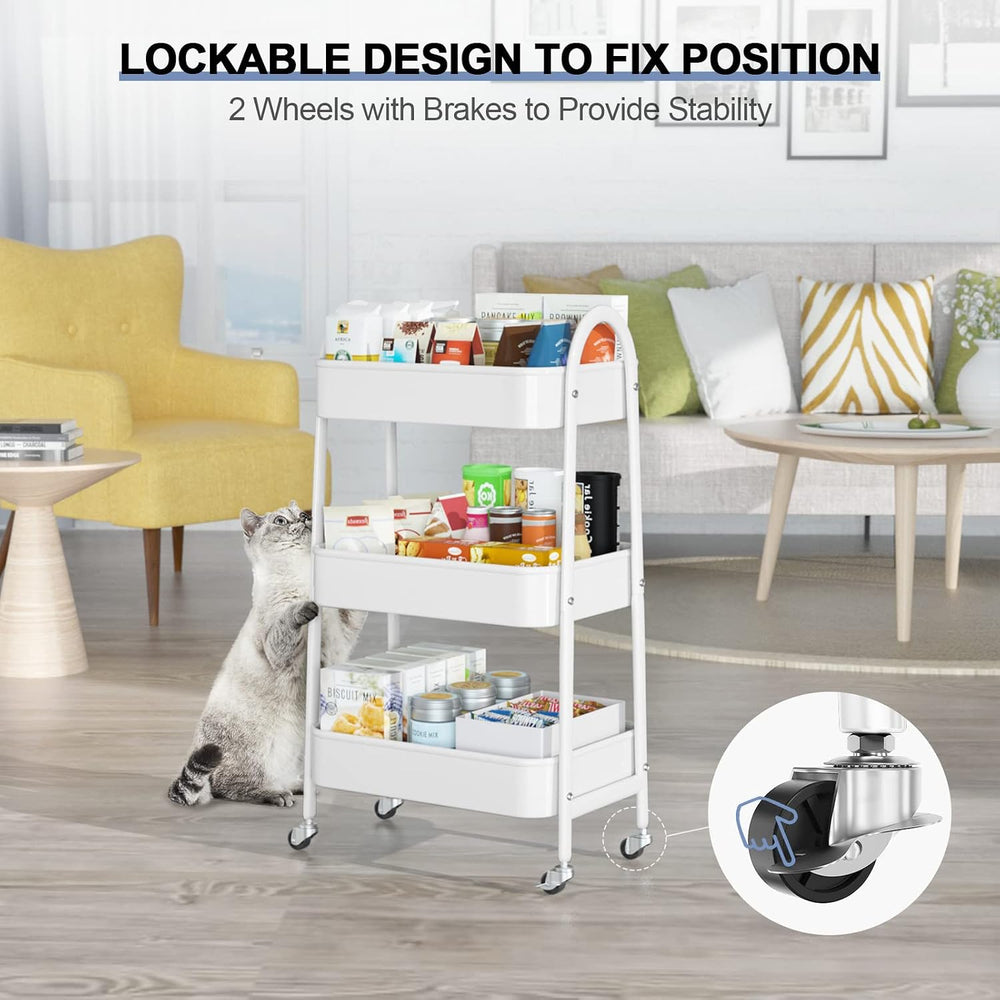 EAGMAK 3 Tier Utility Rolling Cart, Metal Storage Cart with Handle and Lockab...