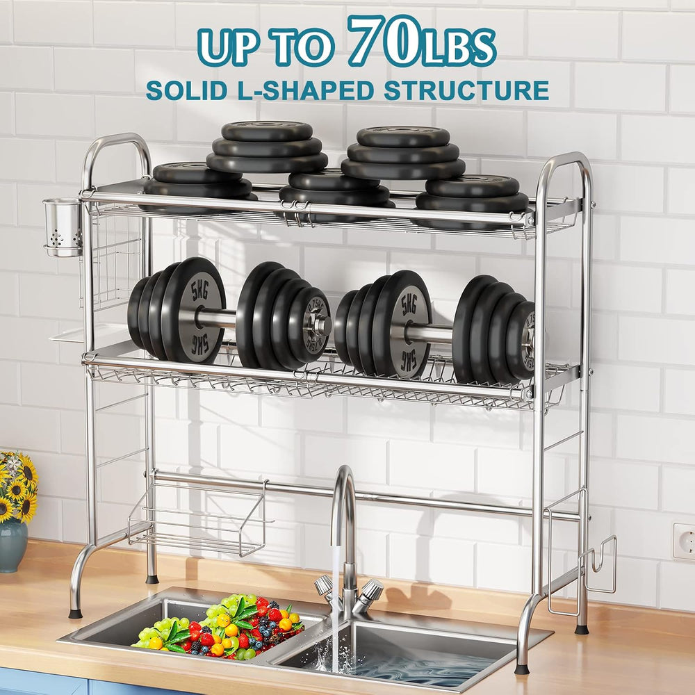 HOWDIA Stainless Steel 2-Tier Over The Sink Dish Drying Rack with Utensil Hol...