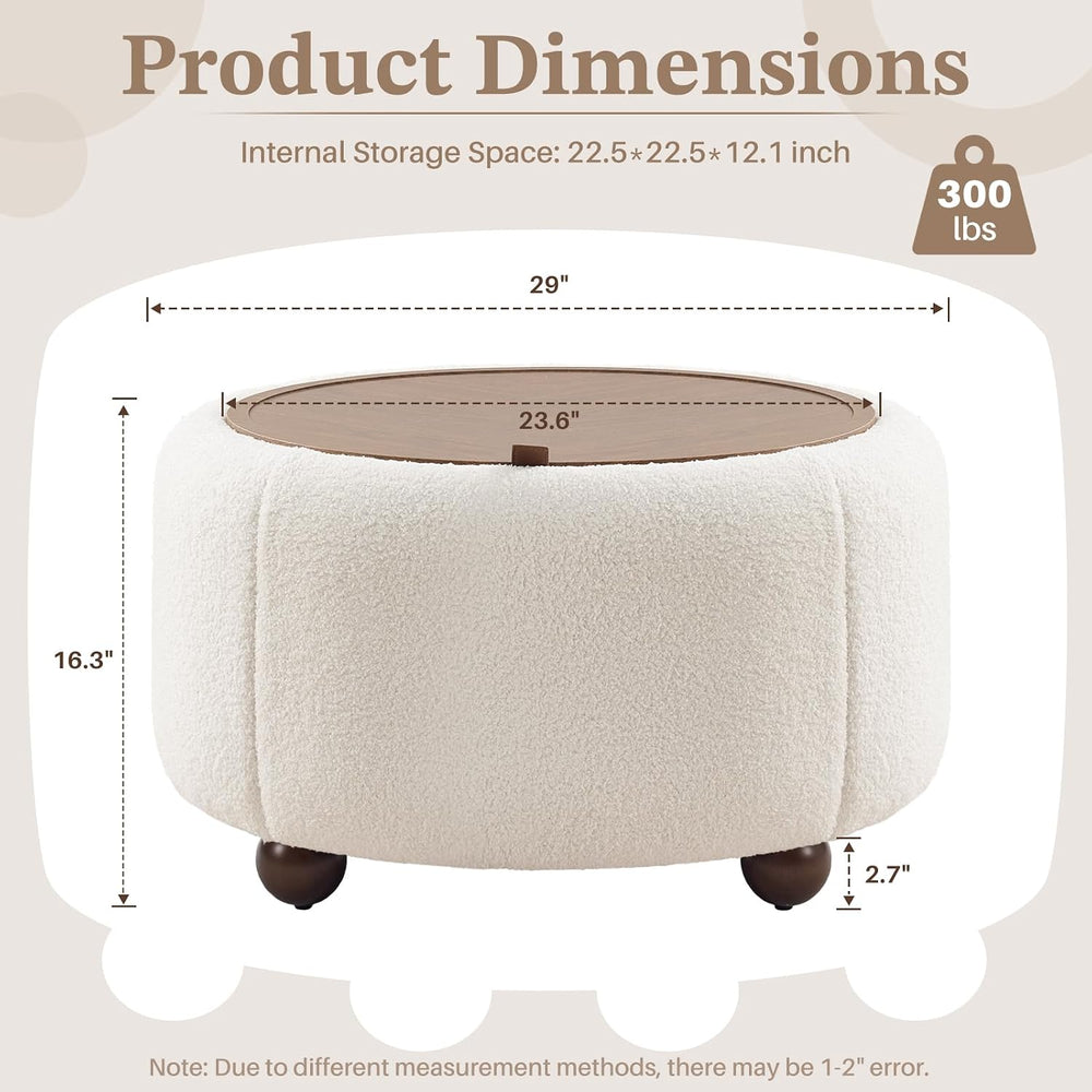 Round Storage Ottoman Coffee Table with Removable Top & Solid Wood Legs