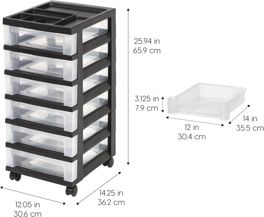IRIS USA 6-Drawer Rolling Storage Cart, Black/Clear