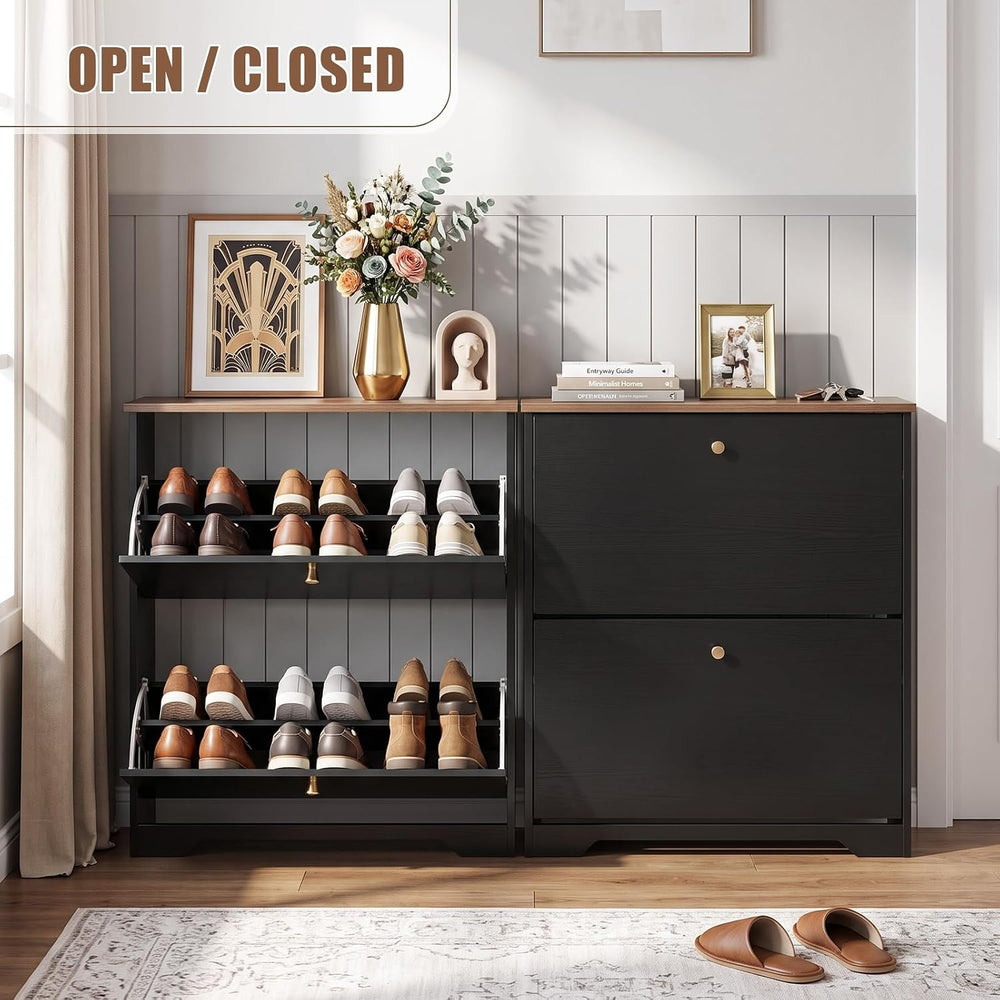 Nicetree Shoe Cabinet, 2 Flip Drawers Slim Black Walnut Top Entry Storage