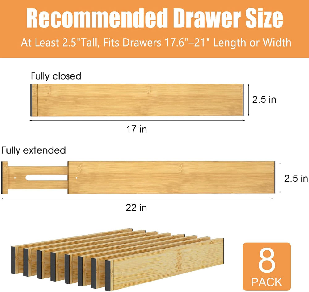 Bamboo Drawer Dividers, Adjustable Drawer Organizers, Fits 17.6–21" Drawers