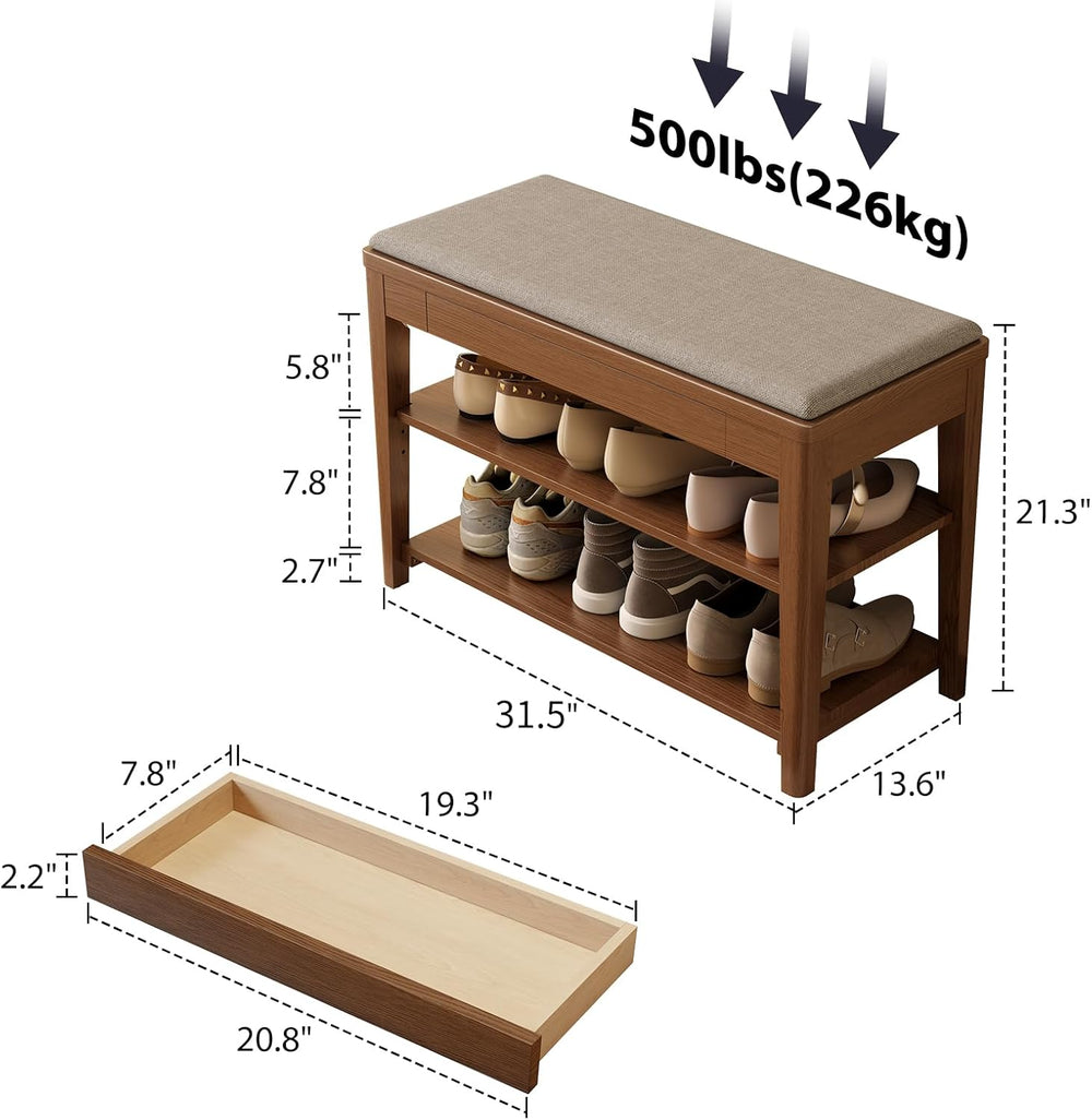 Solid Wood Shoe Bench with Storage, 2-Tier Shoe Storage Bench with Cushion