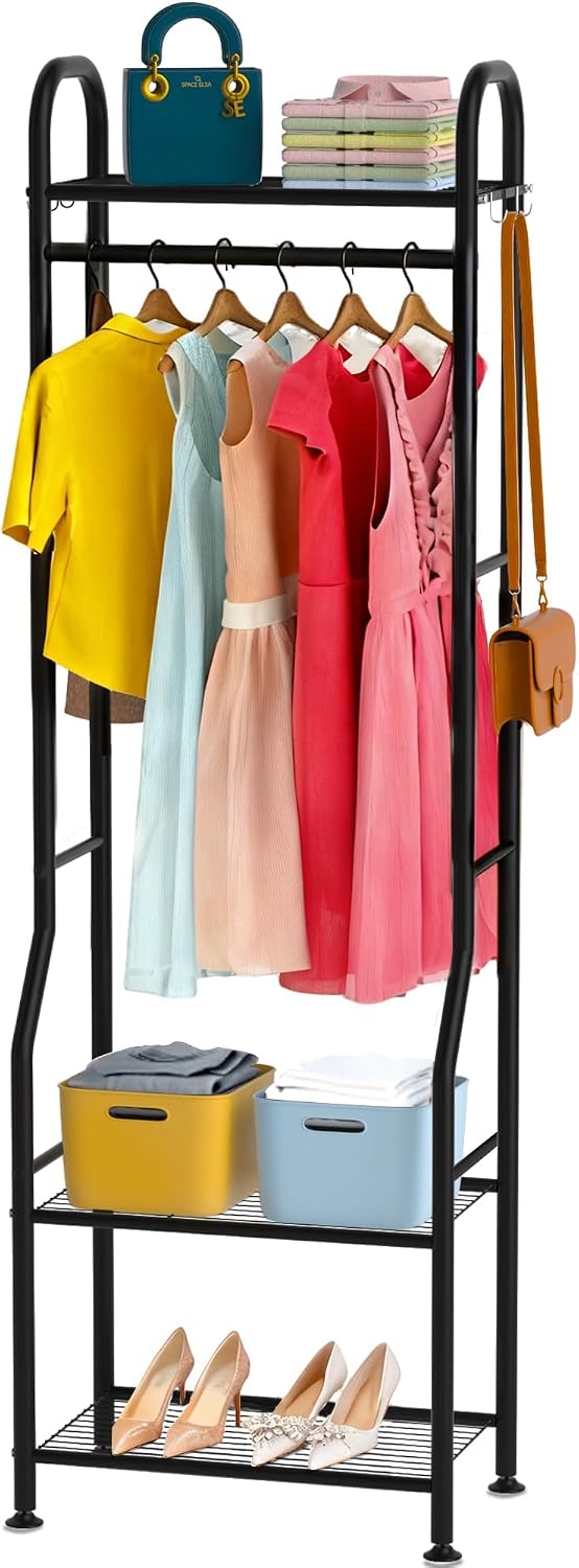 GloTika Narrow Clothes Rack with 3 Metal Shelves, 72" Tall, Black