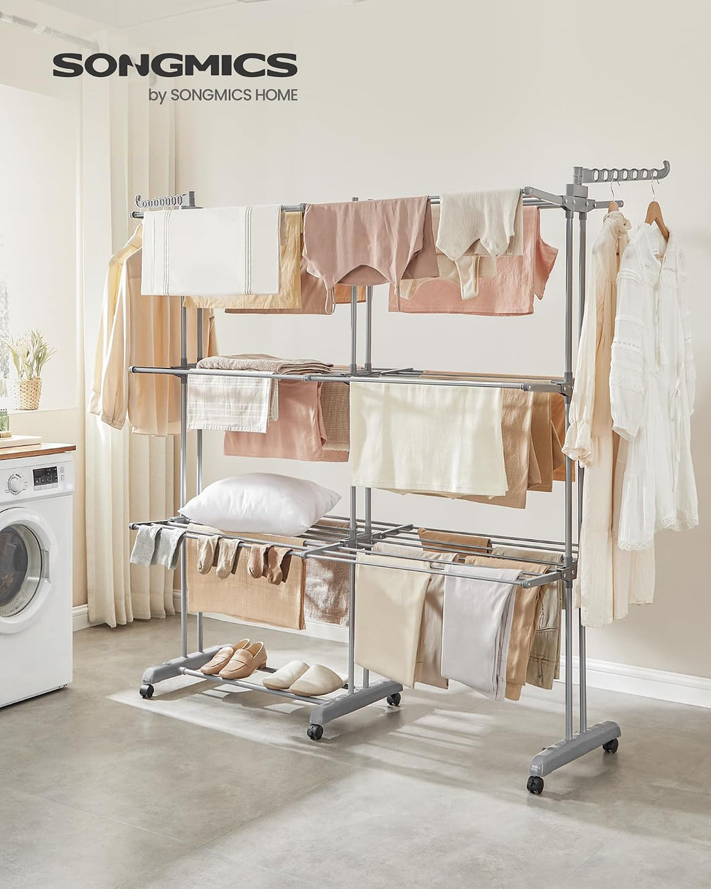 SONGMICS 4-Tier Clothes Drying Rack, Foldable, Rolling, 69.9-Inch Tall