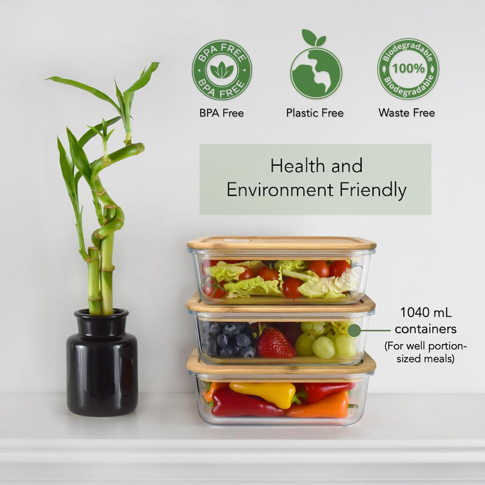 EcoPreps Patented Glass Meal Prep Containers with Bamboo Lids, 3 Pack, 36oz